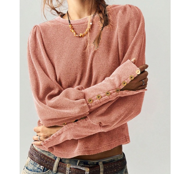 Tops - Solid Thermal Knit Puff Button Cuff Long Sleeve Top